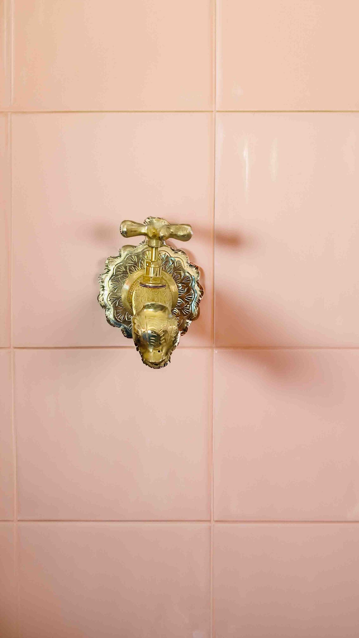 a gold faucet on a pink tiled wall