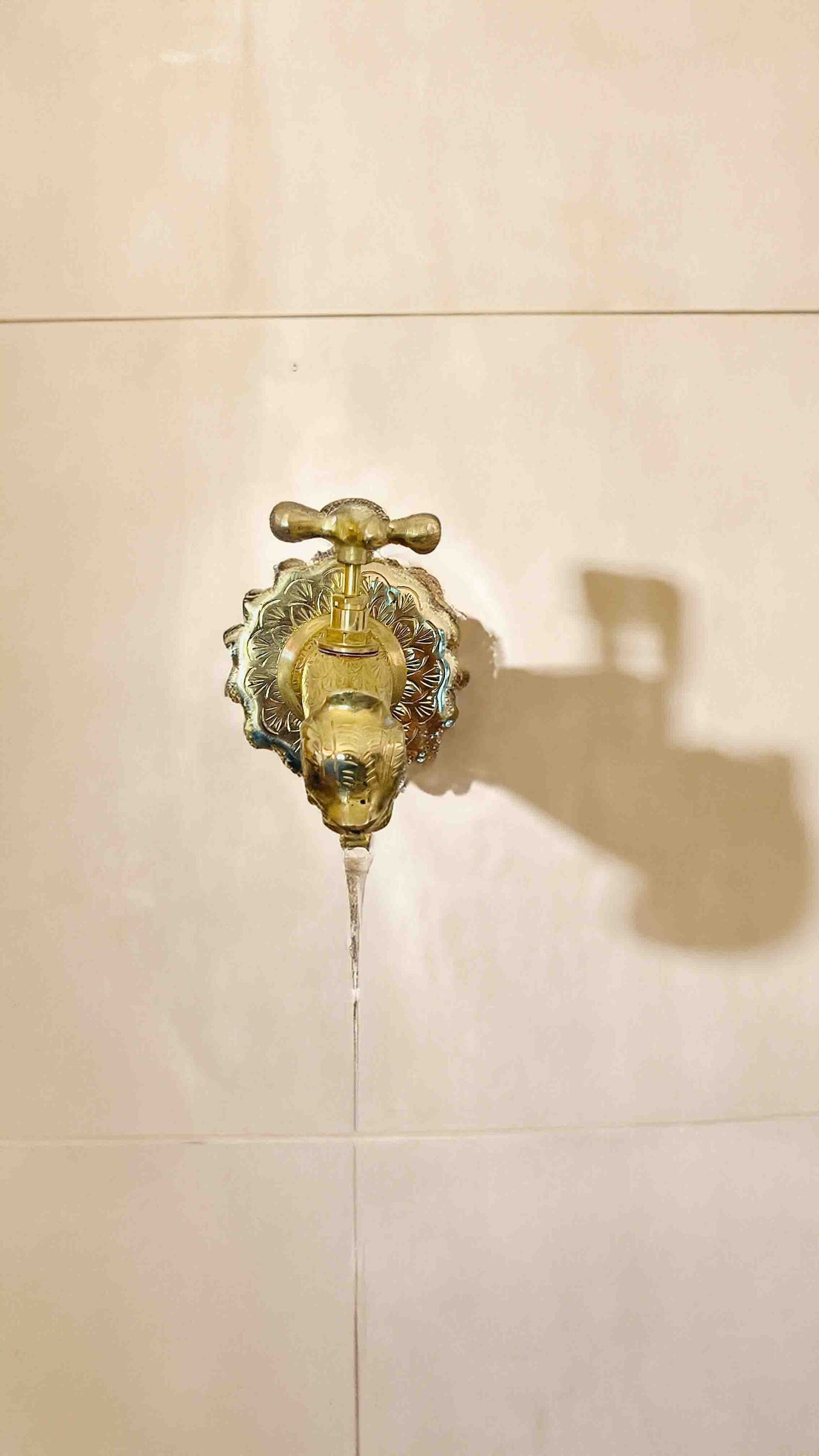 a water faucet in a bathroom with a shadow on the wall