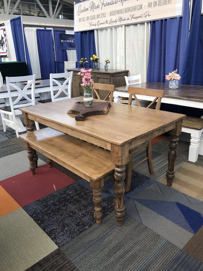 Thick Spindle Farmhouse Dining Table Handmade Custom Built Rustic Wood