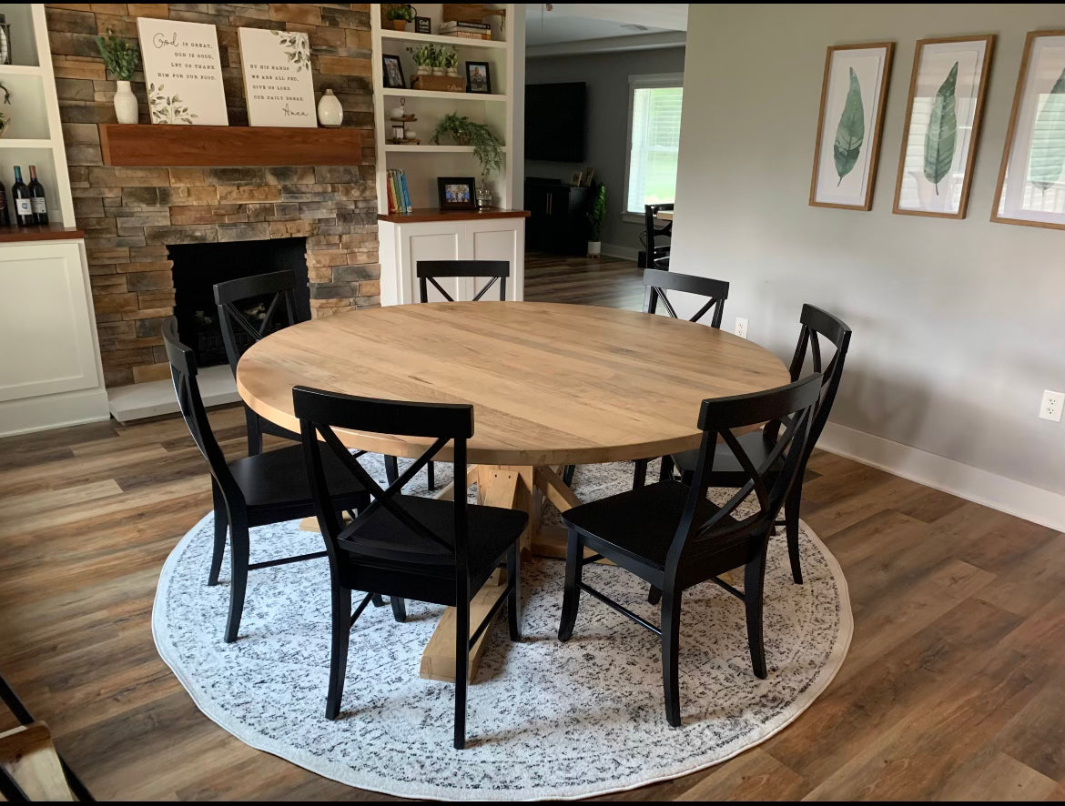 Custom Round Farmhouse Trestle Dining Table With Maple Top