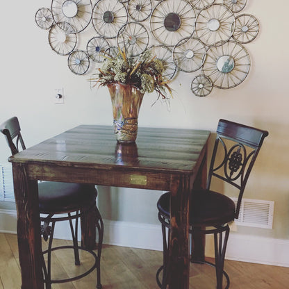 Pub Height Farmhouse Table Handcrafted From Rough Cut Wood With Distressed Finish