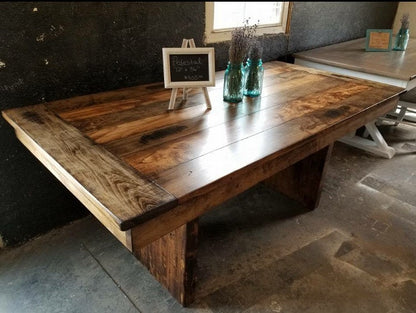 Farmhouse Pedestal Dining Table Crafted From Rough Cut Wood