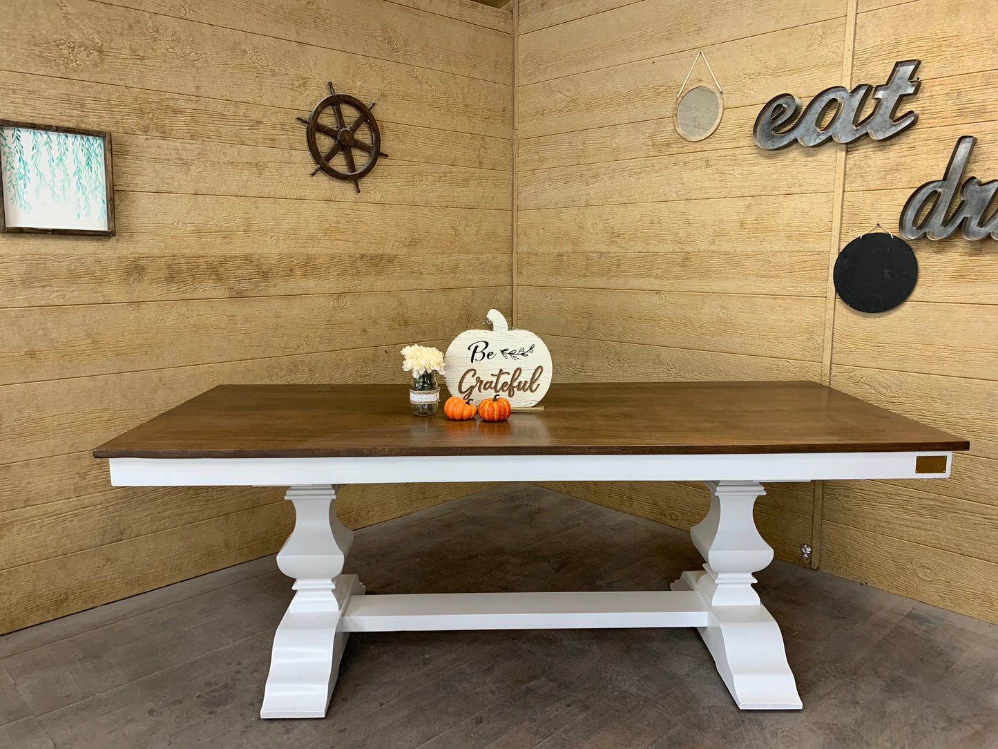 Herringbone Dining Table In Solid Wood With Custom Finish And Distressing Options