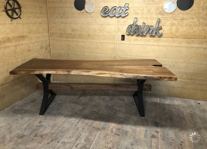 Metal X Beam Dining Table Handcrafted Maple Wood With Industrial Steel Legs