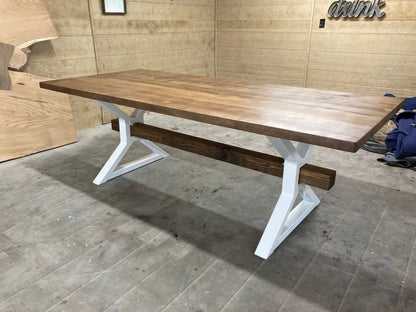 Metal X Beam Dining Table Handcrafted Maple Wood With Industrial Steel Legs