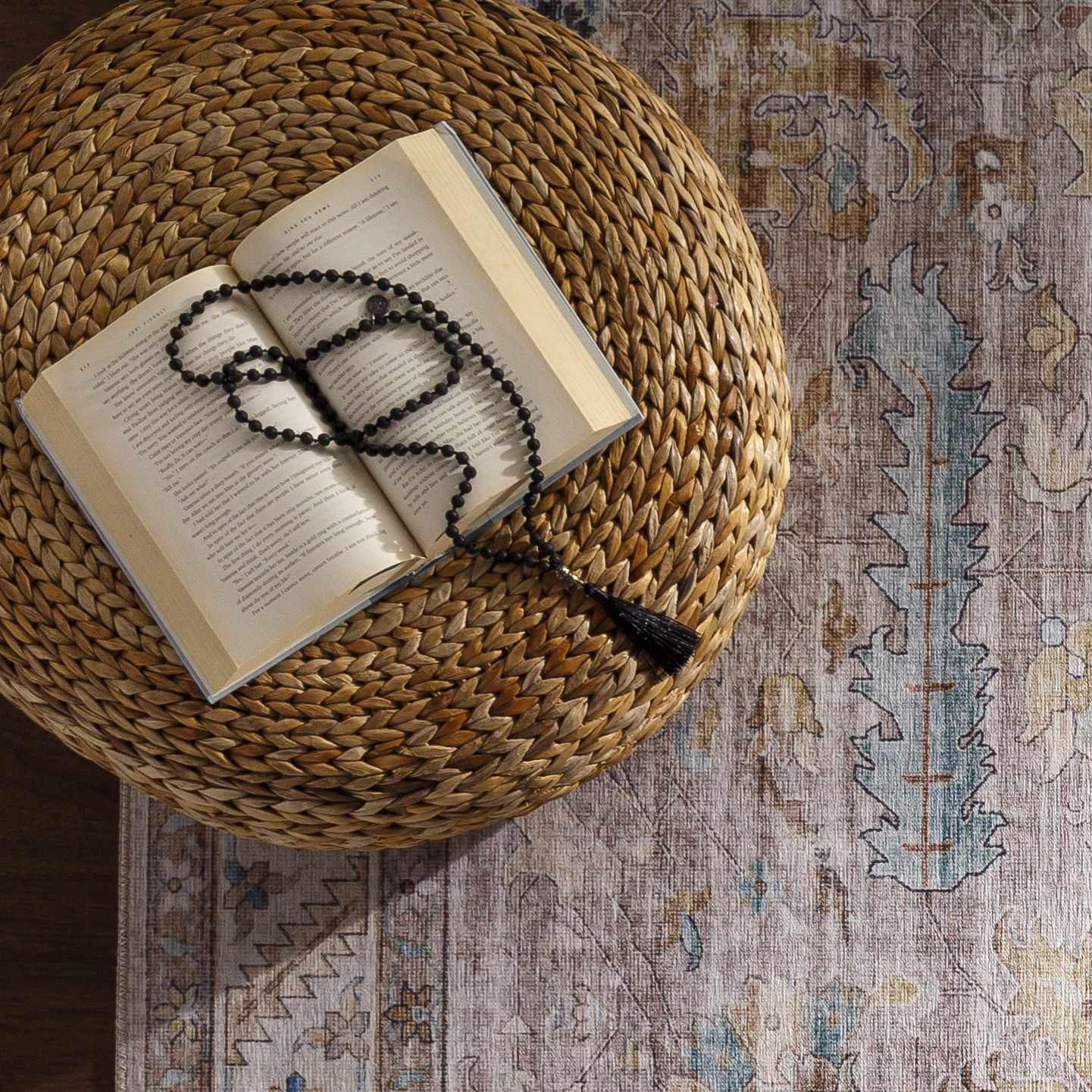 Kaumakani Knitted Jute Round Pouf Peach Natural Fiber Footrest For Soft Seating