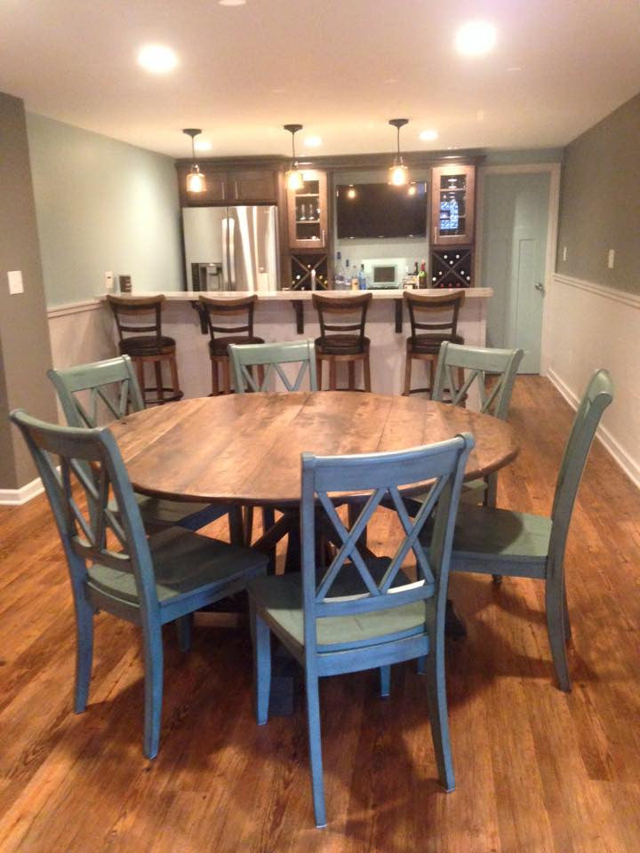 Custom Round Farmhouse Trestle Dining Table With Maple Top