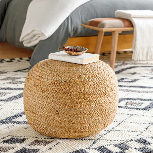 Kaumakani Knitted Jute Round Pouf Peach Natural Fiber Footrest For Soft Seating