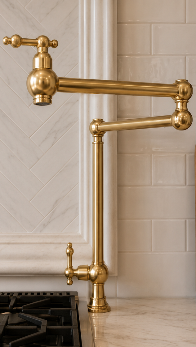 A polished brass pull-down kitchen faucet with a cross handle, mounted on a marble countertop next to a wooden cutting board and white subway tile backsplash.