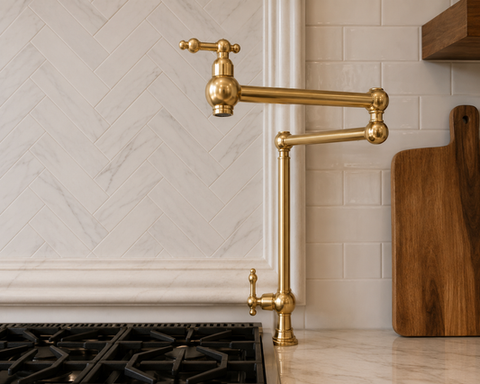 A polished brass pull-down kitchen faucet with a cross handle, mounted on a marble countertop next to a wooden cutting board and white subway tile backsplash.