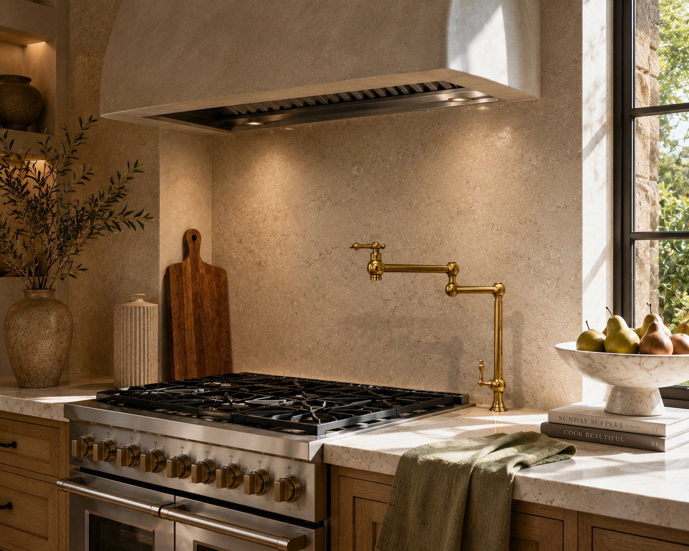 A modern kitchen scene featuring a polished brass farmhouse-style kitchen faucet with an adjustable gooseneck spout, installed next to a stainless steel gas range and a textured beige stone backsplash.