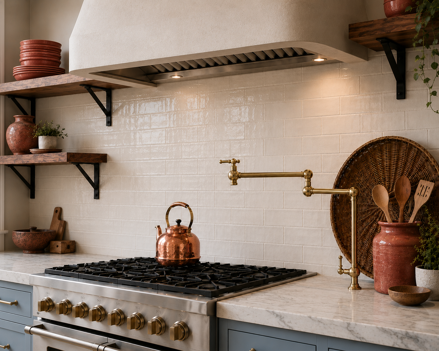 A rustic kitchen scene featuring a stainless steel gas range with brass knobs, a copper kettle on the stove, a brass wall-mounted faucet, a white subway tile backsplash, and blue-gray cabinets.