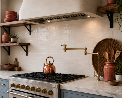 A rustic kitchen scene featuring a stainless steel gas range with brass knobs, a copper kettle on the stove, a brass wall-mounted faucet, a white subway tile backsplash, and blue-gray cabinets.