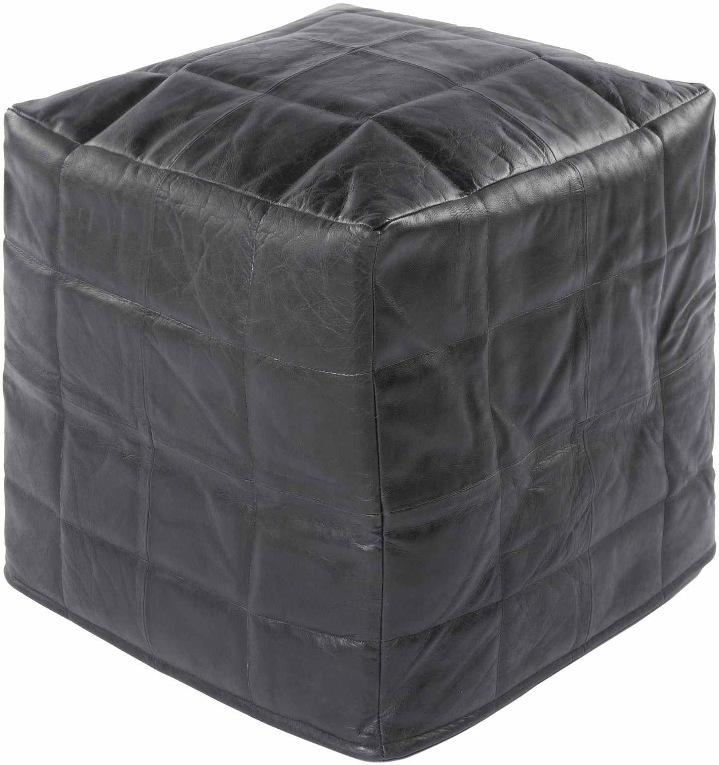 Laflin Pouf Black Leather Top With Cotton Base And Polybead Fill Southwestern Style