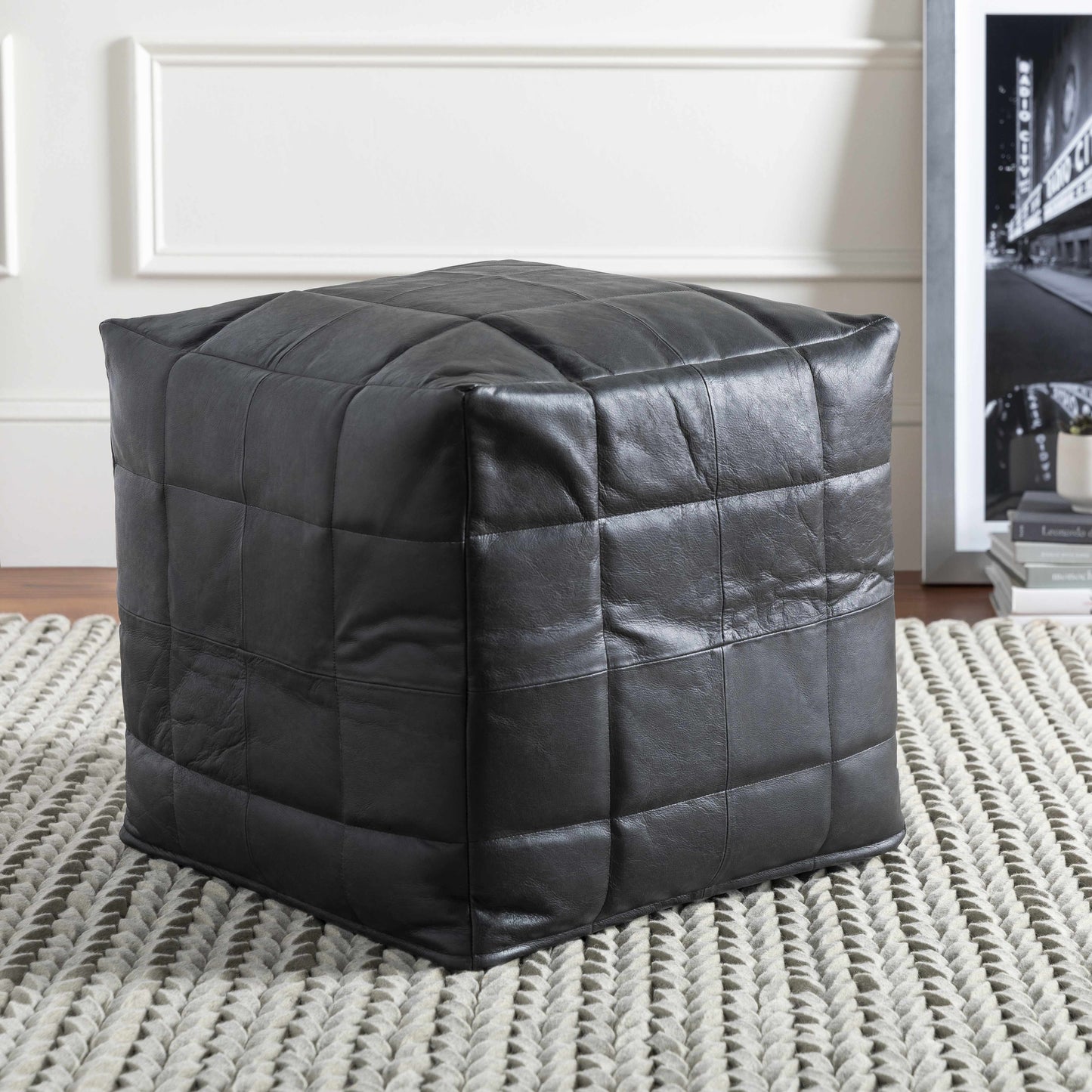 Laflin Pouf Black Leather Top With Cotton Base And Polybead Fill Southwestern Style