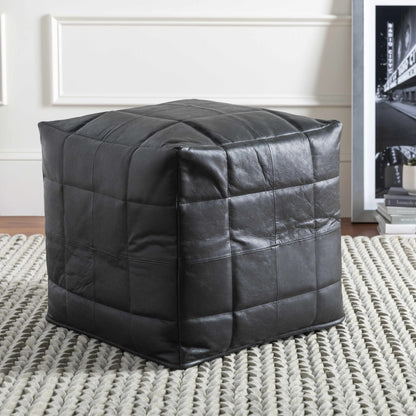 Laflin Pouf Black Leather Top With Cotton Base And Polybead Fill Southwestern Style