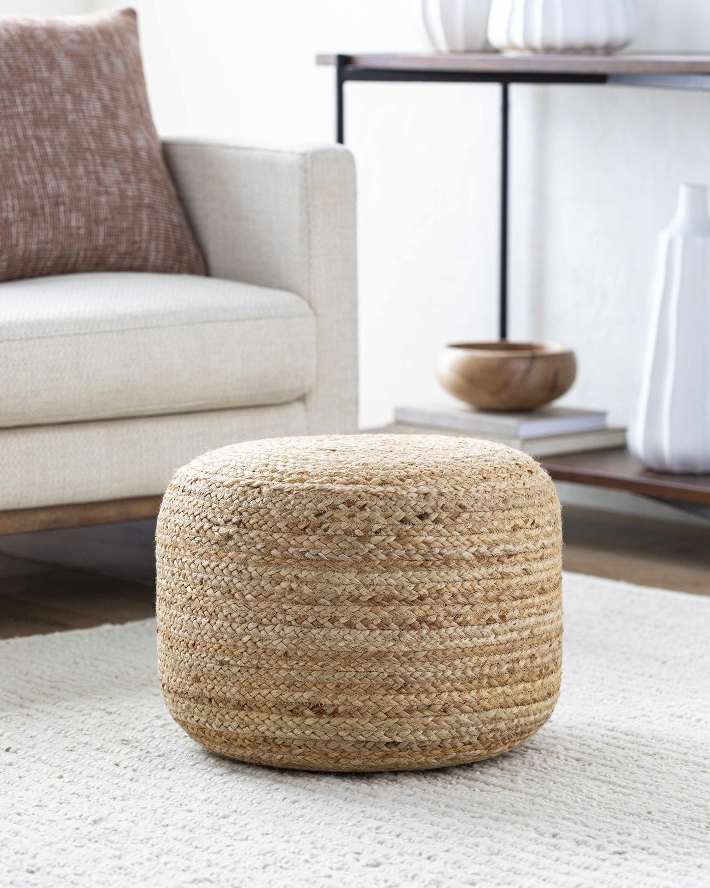 Lavertezzo Brick Red Knitted Cotton Pouf Versatile Footrest and Extra Seating