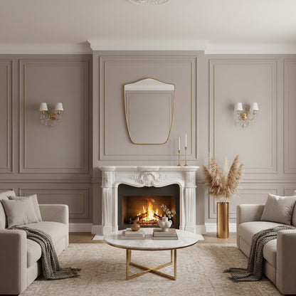 Shield wall mirror above fireplace in elegant living room