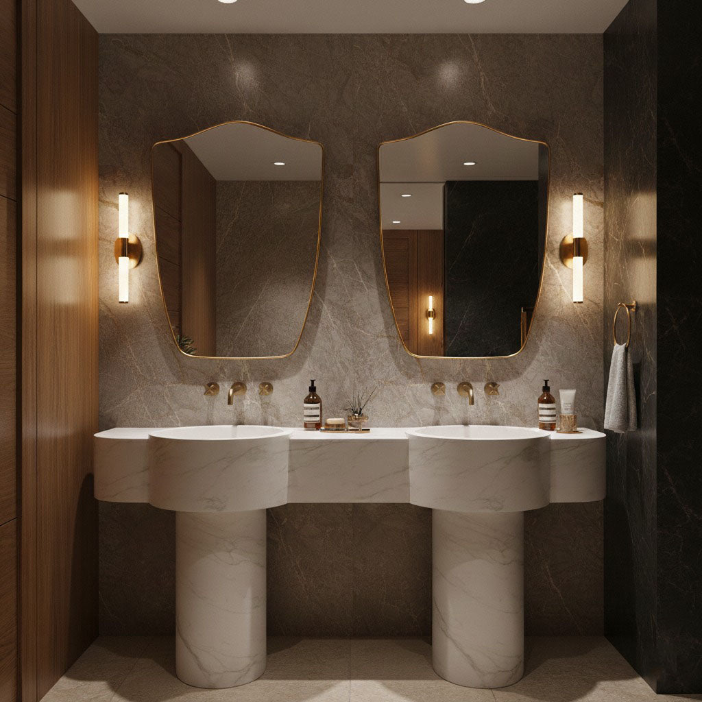 Pair of shield brass wall mirrors above double bathroom vanity