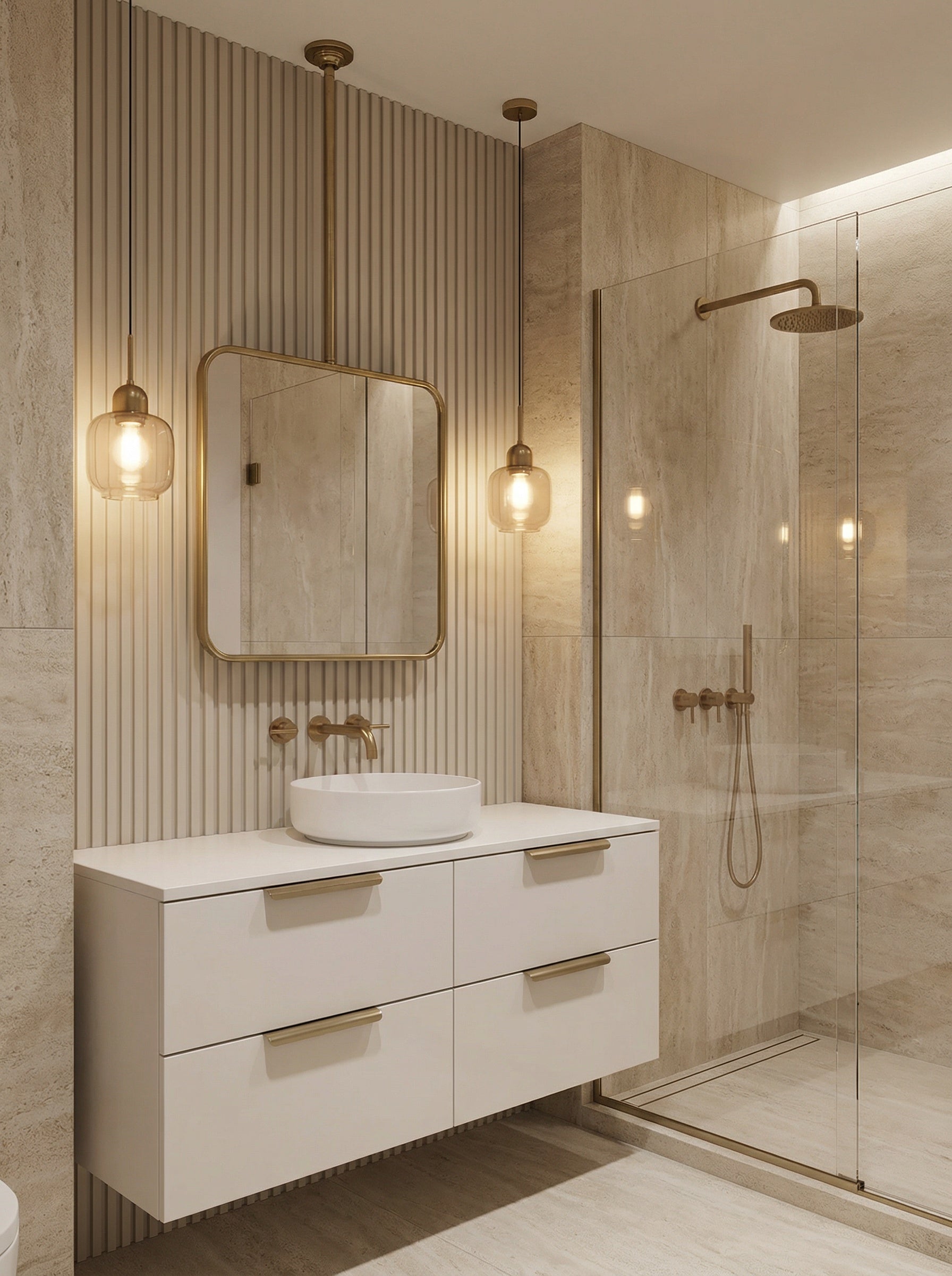 Ceiling mounted square brass mirror with pendant lights in luxury bathroom.