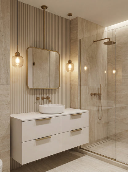 Ceiling mounted square brass mirror with pendant lights in luxury bathroom.
