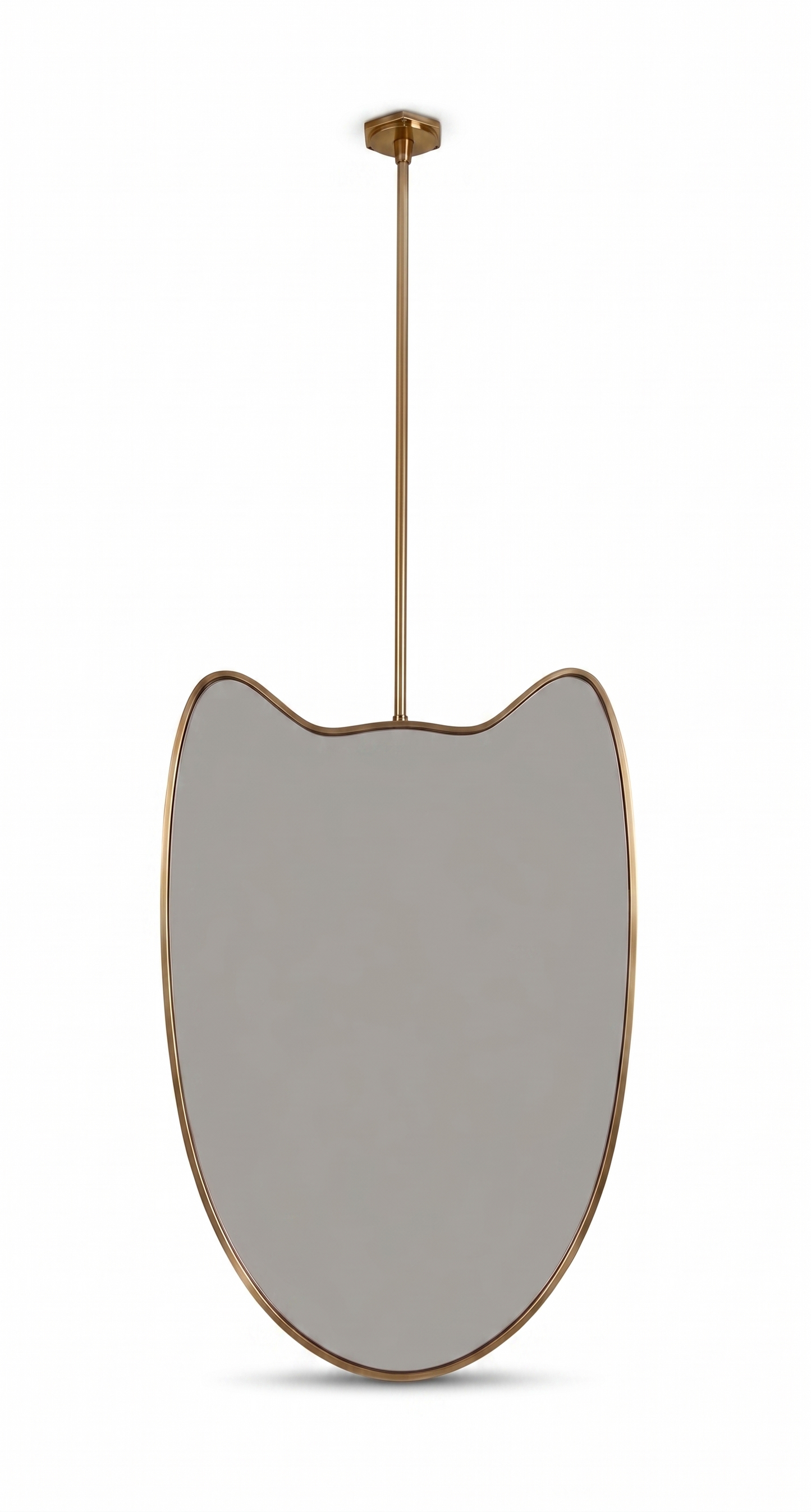 Organic suspended brass mirror on a white background with slim ceiling rod and brass frame.