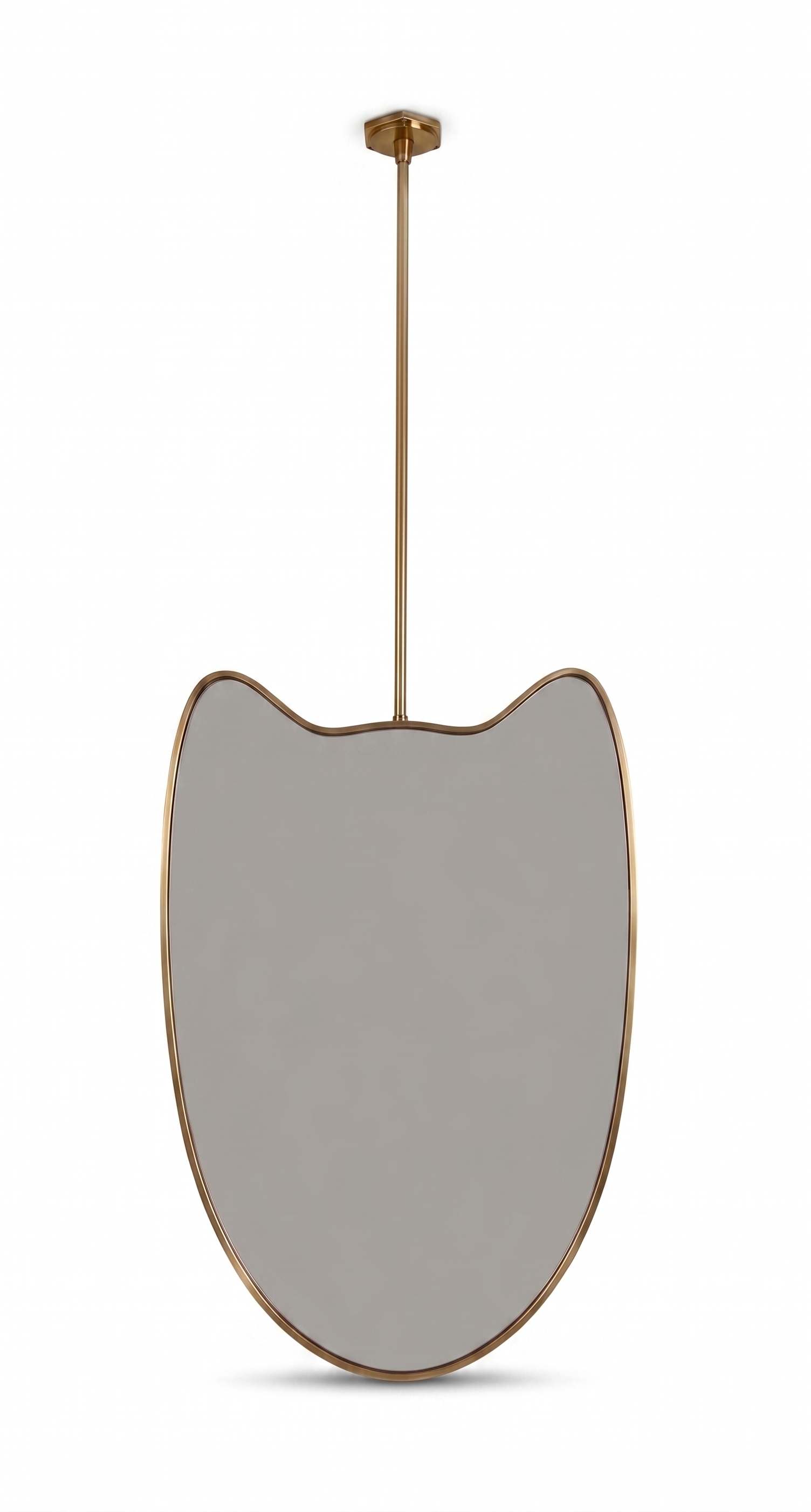 Organic suspended brass mirror on a white background with slim ceiling rod and brass frame.