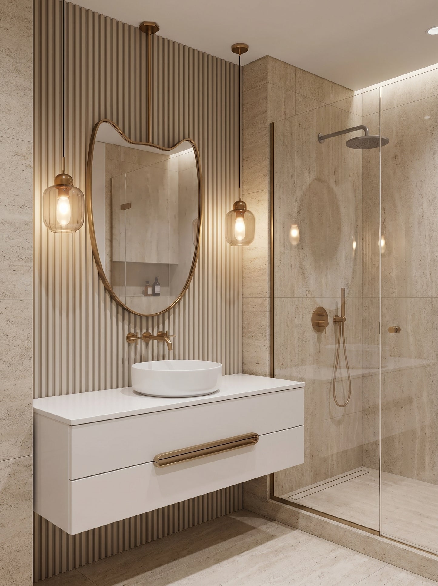 Sculptural brass hanging mirror above a floating white vanity in a modern travertine bathroom.
