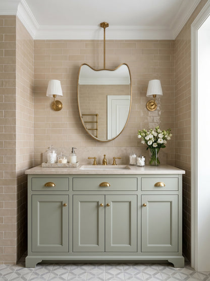 Suspended brass mirror with organic silhouette above a sage green vanity and beige subway tile bathroom.