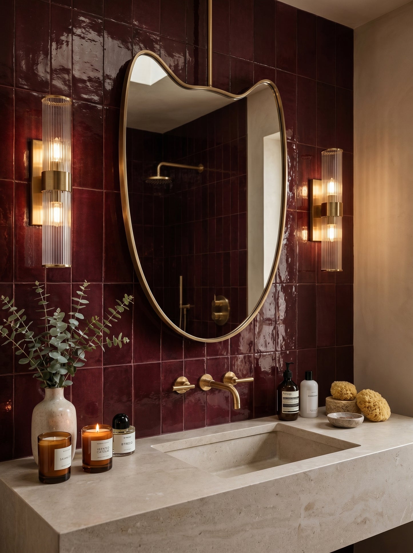 Wavy brass suspended mirror above a stone vanity with burgundy zellige tiles and brass sconces.