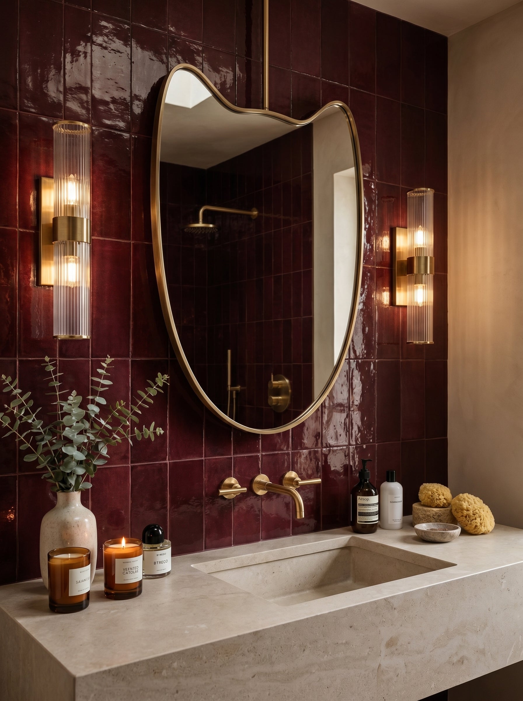 Wavy brass suspended mirror above a stone vanity with burgundy zellige tiles and brass sconces.