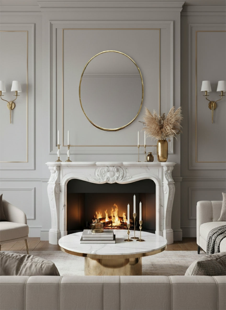 Oval brass mirror above a classic fireplace mantel