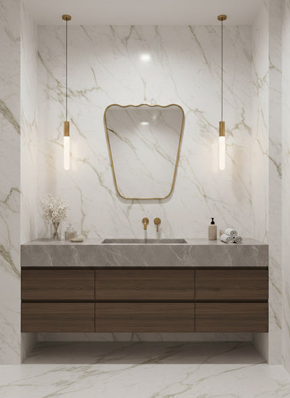 Scalloped brass bathroom mirror 