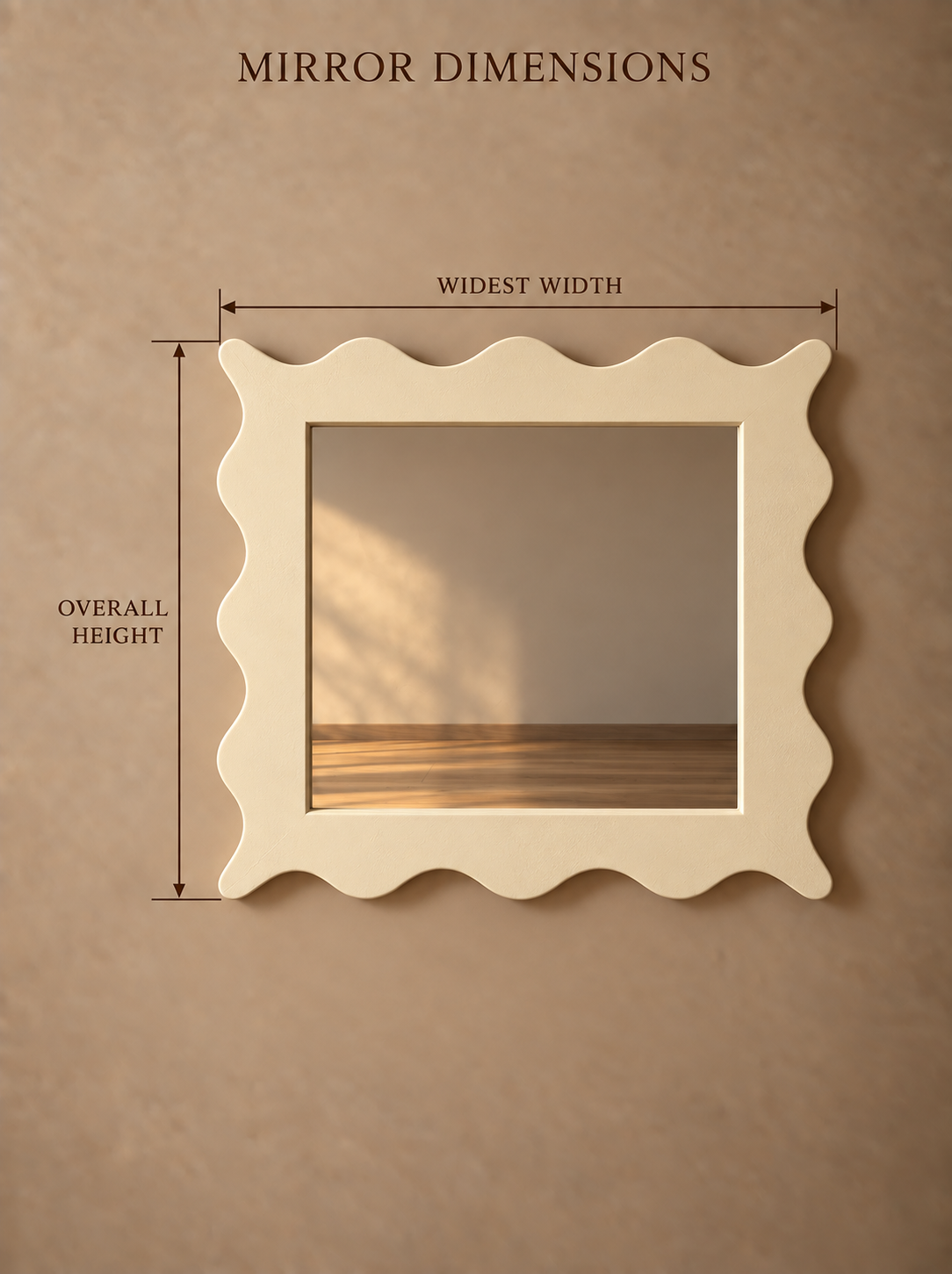 A scalloped cream-colored wall mirror with dimension labels indicating 'Mirror Dimensions', 'Overall Height', and 'Widest Width' on a warm beige textured background.
