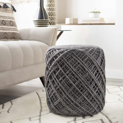 Moapa Charcoal Wool Pouf Hand Woven Accent Seating Stool For Living Rooms And Bedrooms