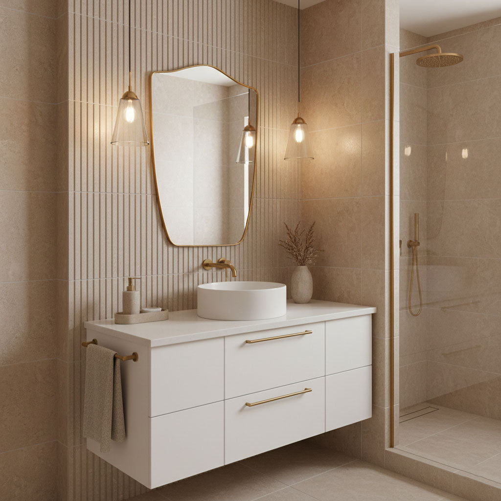 Shield-shaped brass wall mirror in modern beige bathroom