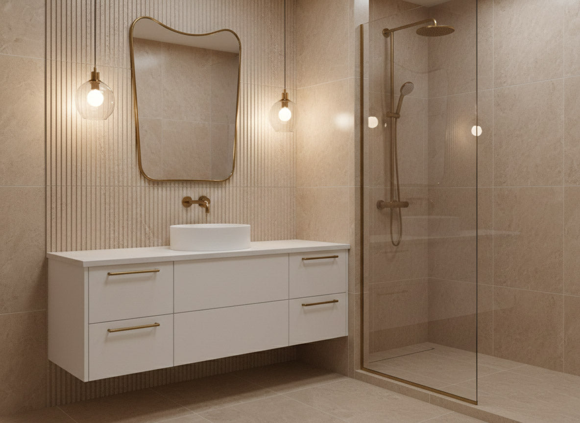 Irregular brass mirror above white floating vanity in modern beige bathroom.