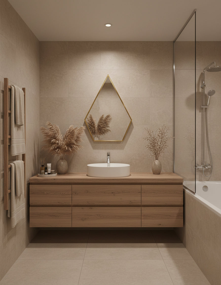 Geometric brass mirror in modern beige bathroom
