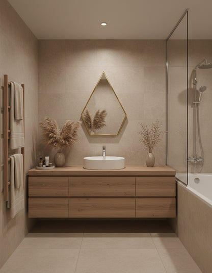 Geometric brass mirror in modern beige bathroom