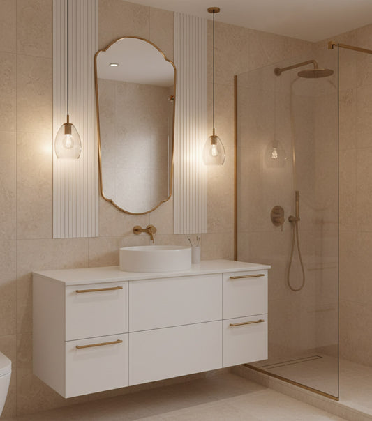 Full length brass mirror above white floating vanity in beige bathroom.