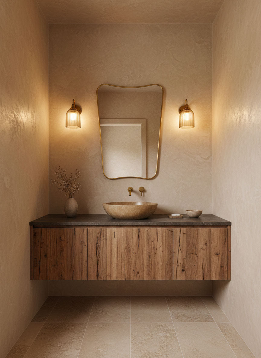 Butterfly brass mirror in warm minimalist bathroom