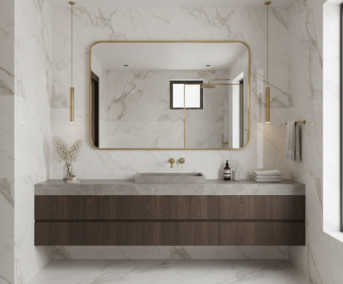 Large rectangular brass mirror in marble bathroom.