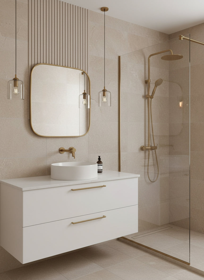 Square brass mirror in modern bathroom