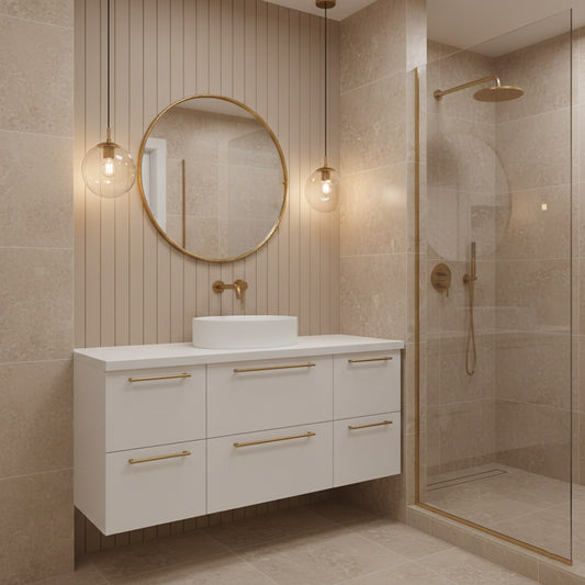 Round brass mirror above white vanity in modern bathroom