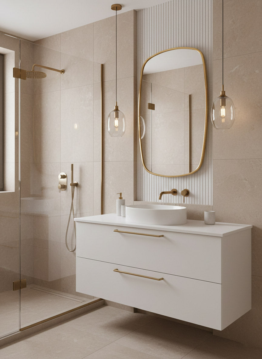 Brass mirror above white floating vanity with gold fixtures