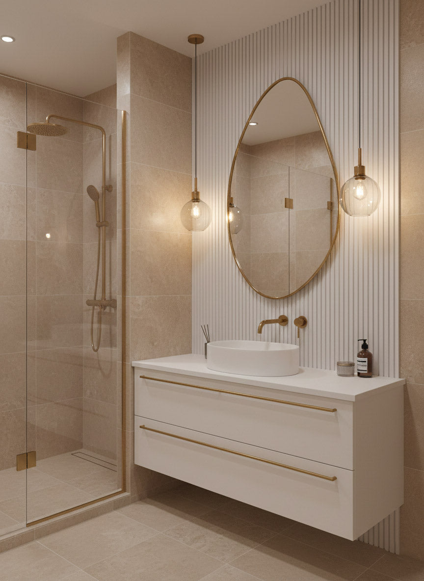 Brass mirror above white floating vanity with gold fixtures