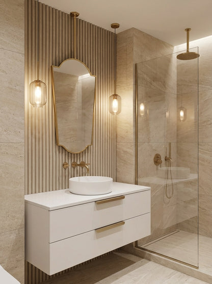 Handmade brass suspended mirror with fluted wall backdrop