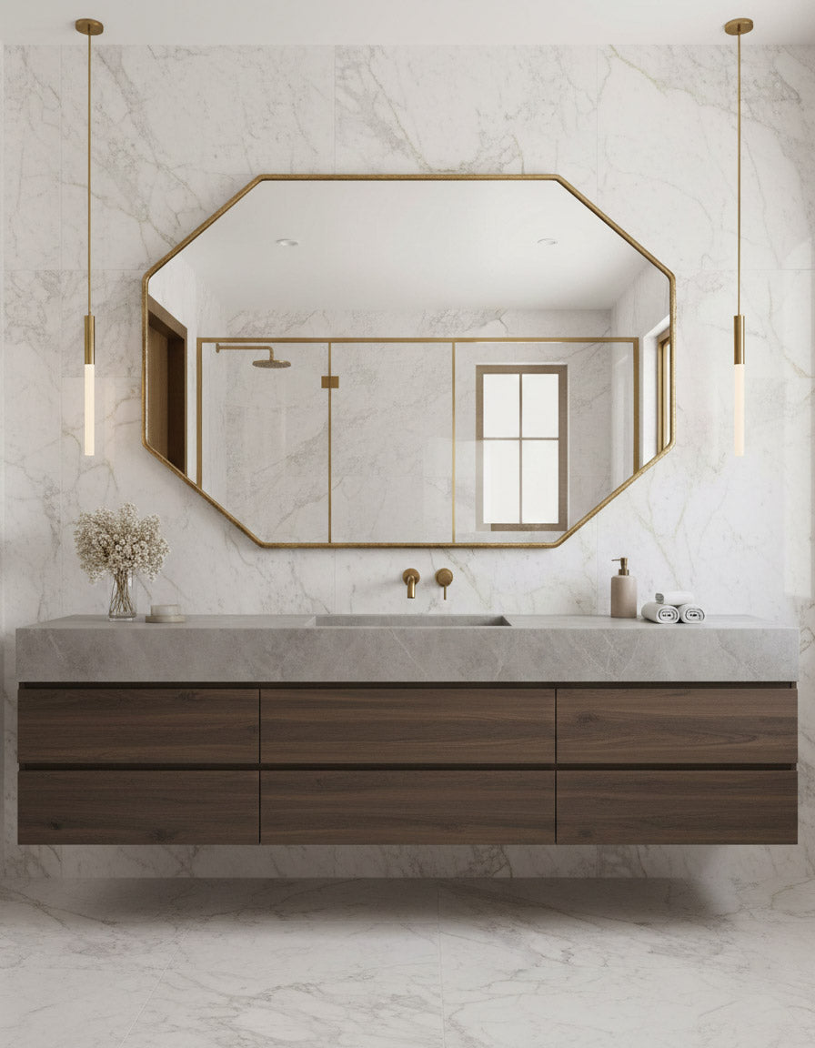Large octagon brass mirror in marble bathroom.