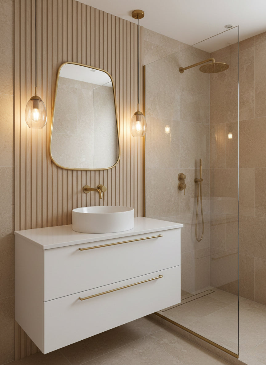 Triangle brass mirror in modern bathroom with glass shower