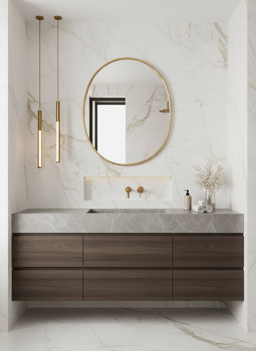 Oval brass bathroom mirror with a minimalist floating vanity